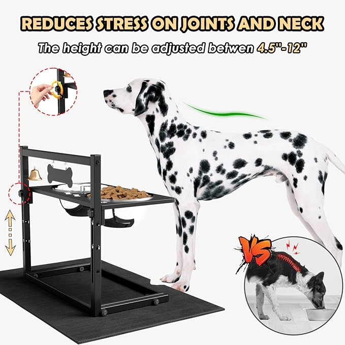 Elevated Dog Bowls with Slow Feeder and Spill Proof Mat, Adjustable Height 4.3-11.8'', Two 1.7L Stainless Steel Food & Water Bowls, Metal Raised Dog Bowl Stand, for Large Medium Breeds