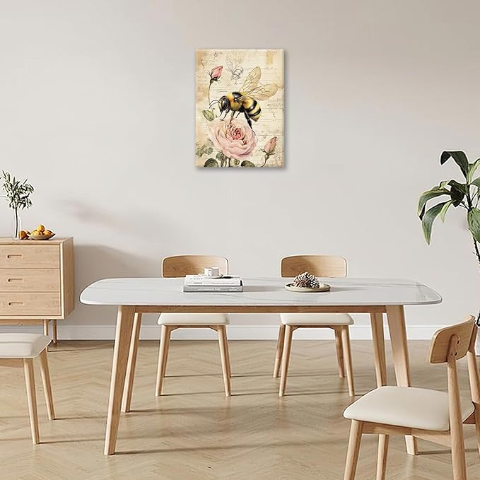Rustic Bee Bathroom Pictures Wall Art, Vintage Floral Bathroom Wall Decor, Pink Rose Flower Framed Painting Canvas Artwork for Bedroom Living Room Decorations 16"L x 12"W