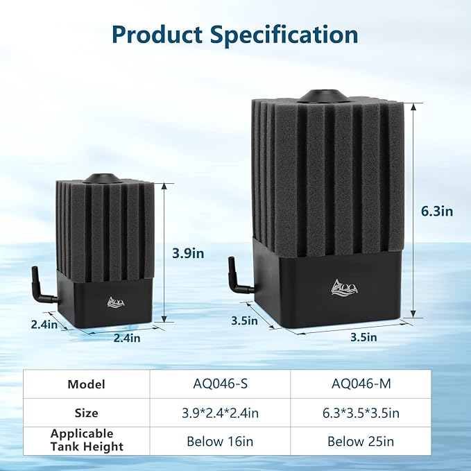 AQQA Aquarium Filter Fish Tank Sponge Filter Whisper Submersible Filters for Aquarium Foam Filter for Freshwater & Saltwater(Medium for 20-110 Gallon)