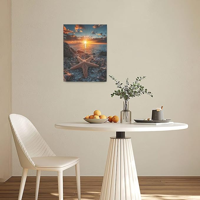 Beach Starfish Wall Decor Ocean Starfish Wall Art Sunset Scenery Coastal Theme Pictures Canvas Nature Seascape Painting Print Framed Artwork Decorations for Home Bathroom Living Room Bedroom Office 12"x16"