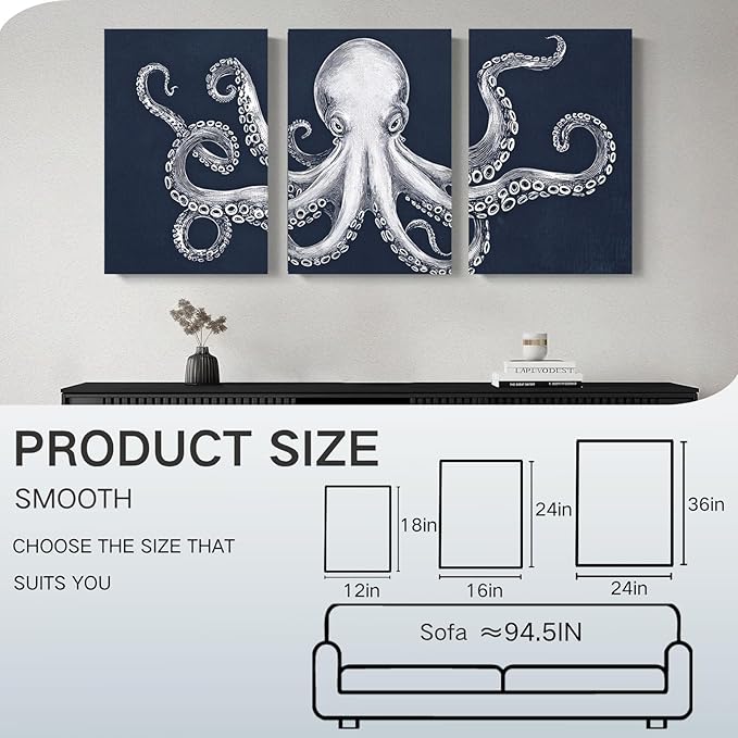 Octopus Wall Decor, Octopus Canvas Wall Art, Ocean Wall Decor,Sea Animal Canvas to Paint for Bathroom, Living Room, Bedroom (24" x 36" x 3 pcs)