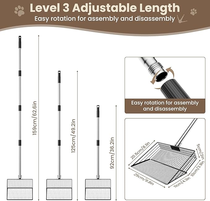Chicken Poop Scooper for Sand - 10-inch 37 to 63" Long Chicken Coop Scoop with Stainless Steel Handle, Chicken Coop Cleaning Rake for Poop, Large Hen Litter Sifter Shovel