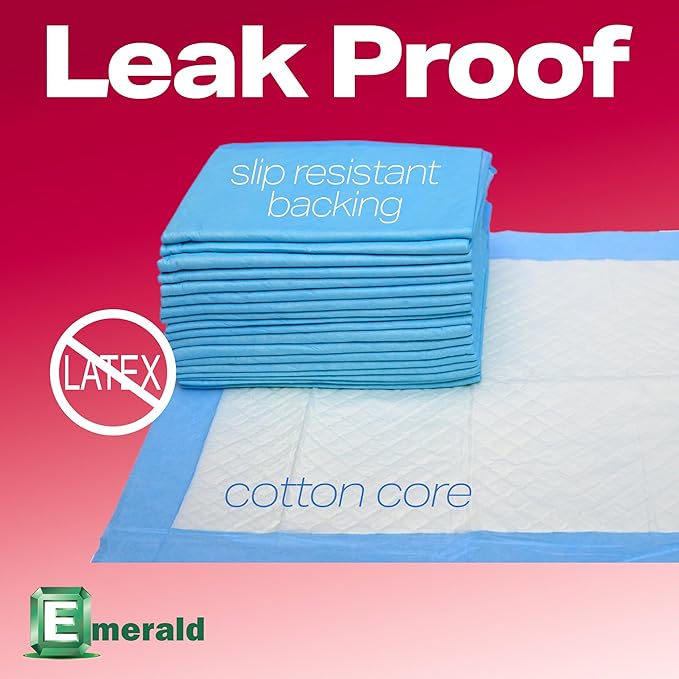 Emerald Incontinence Underpads, 50 Pads, Waterproof Plastic Backing, Highly Absorbent Cotton Fluff, Non-Skid, for Bedwetting, Pets, Seniors