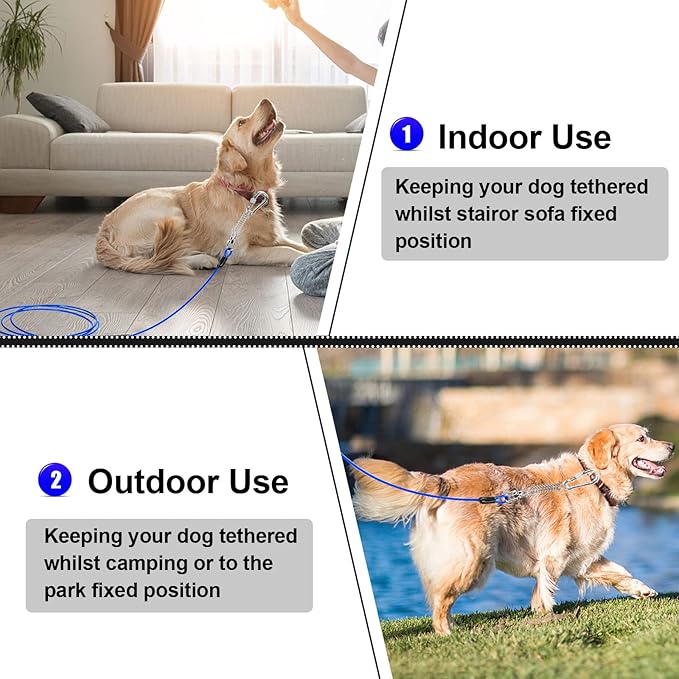 jenico Dog Tie Out Cable, 10/15/20/30/40/50/70/100/150FT Dog Runner Cable with Swivel Hook and Shock Spring, Dog Leash Run Tether for Yard Outdoor and Camping,for Small to Medium Pets Up to 500 LBS