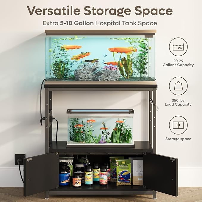 Bestier 20-29 Gallon Fish Tank Stand with Power Outlets, Metal Long Aquarium Stand with Storage Cabinet, 31x15 Reptile Terrarium Stand with Horizontal Gold Line, Stainless Hooks, 350 Lbs(Black)
