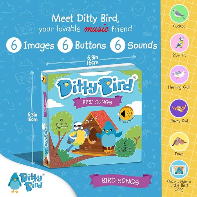 Ditty Bird Animal Sounds Book for Toddlers – Interactive Book Featuring Cuckoo, Blue Tit, Herring Gull, Tawny Owl & Dove Sounds | Musical Board Book for Ages 1-3 | Perfect Educational Gift for Toddler