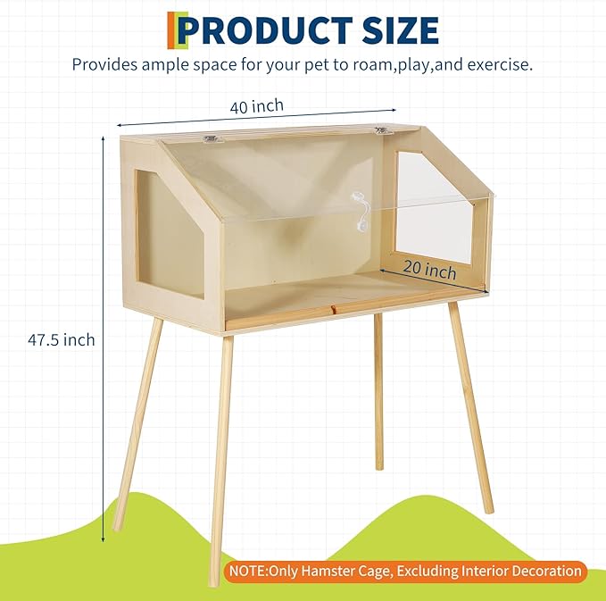 Hamster Cage with Legs, 40" L x 20" W x 47.5" H Large Hamster Habitats Enclosure with Acrylic Window & Openable Top,Small Animal Cage Chew Proof for Guinea Pig, Chinchilla, Gerbil