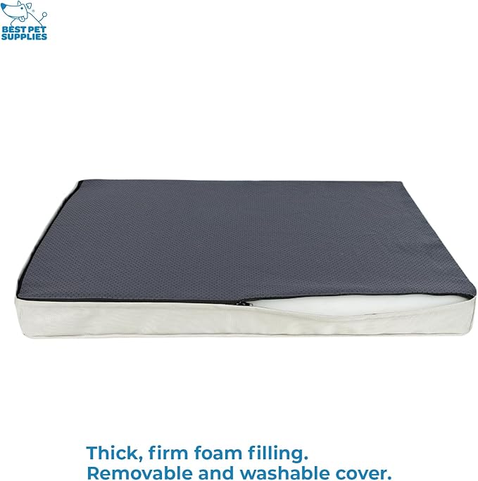 Best Pet Supplies Cute Dog Crate Mat Flat Bed with Waterproof Exterior, Thick Orthopedic Egg Foam Mattress, and Soft Sherpa Fleece Cover for Small, Medium, and Large Breeds - Beige, 35X22X4