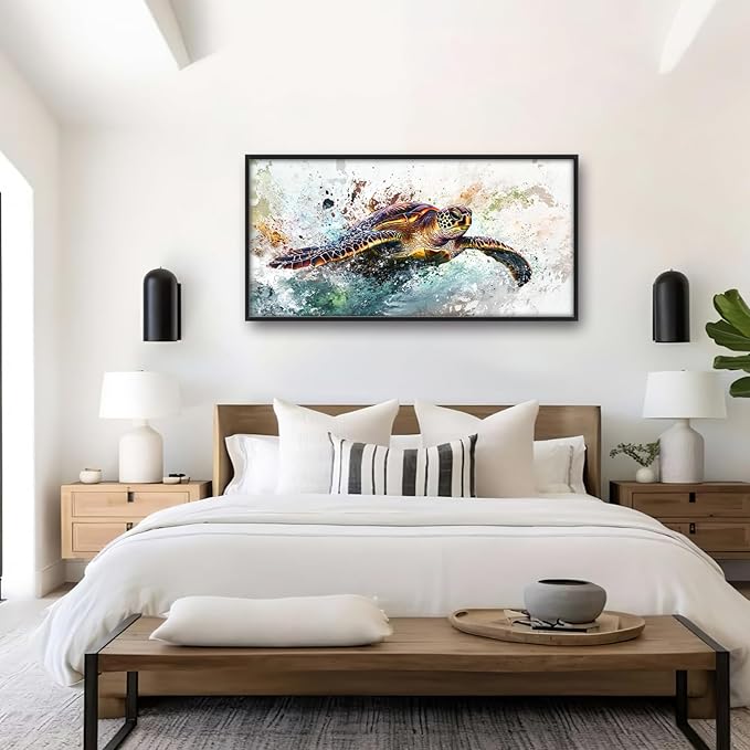 Extra Large Framed Sea Turtle Wall Art,Oversized Abstract Colorful Sea Nautical Wall Decor Pictures for Living Room,Canvas Print Painting Modern Artwork Bedroom Office Bathroom Home Decor 60L x30W