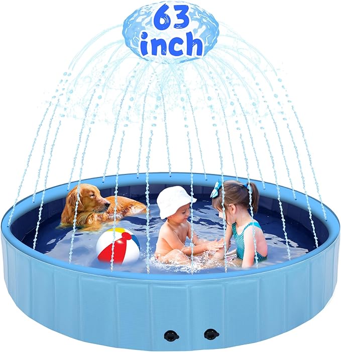 63" Large Dog Pool with Sprinkler, 2-in-1 Foldable Swimming Pool Non-Slip Hard Plastic Splash Sprinkler Kiddie Pool for Outdoor Backyard Kids Dogs Ducks and Pet Baths