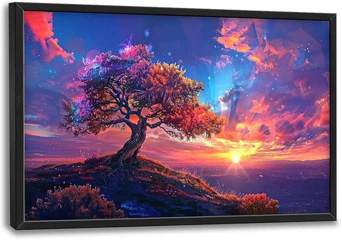 Quorin Tree Large Wall Art Sunset Mountain Landscape Pictures Red Tree of Life Wall Decor Nature Canvas Print Painting Artwork for Bathroom Living Room Bedroom 36L x 24W