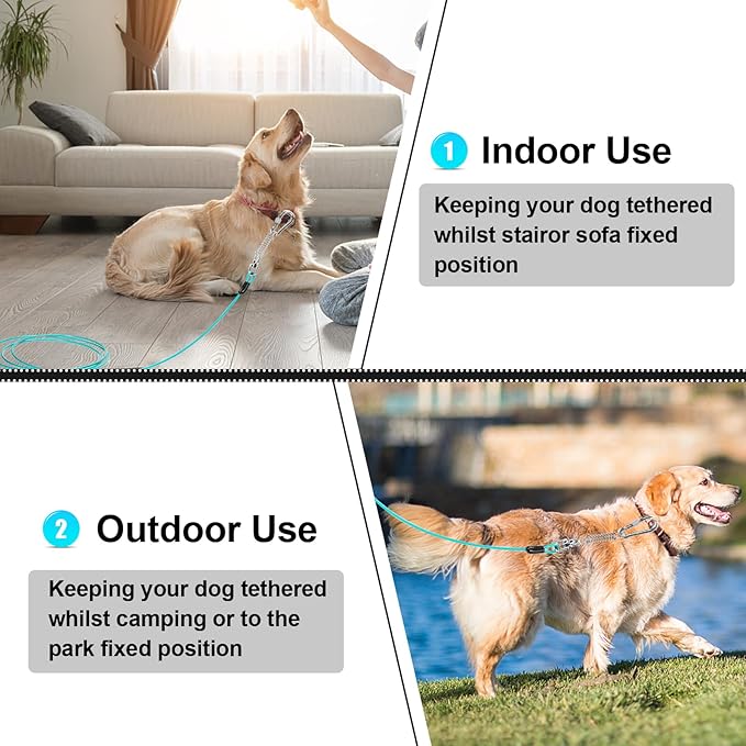 Jenico Dog Tie Out Cable - 10/15/20/30/40/50/70/100/150FT Runner Cable with Swivel Hook and Shock Spring, Leash Tether for Yard, Outdoor and Camping, for Small to Medium Pets Up to 500 LBS