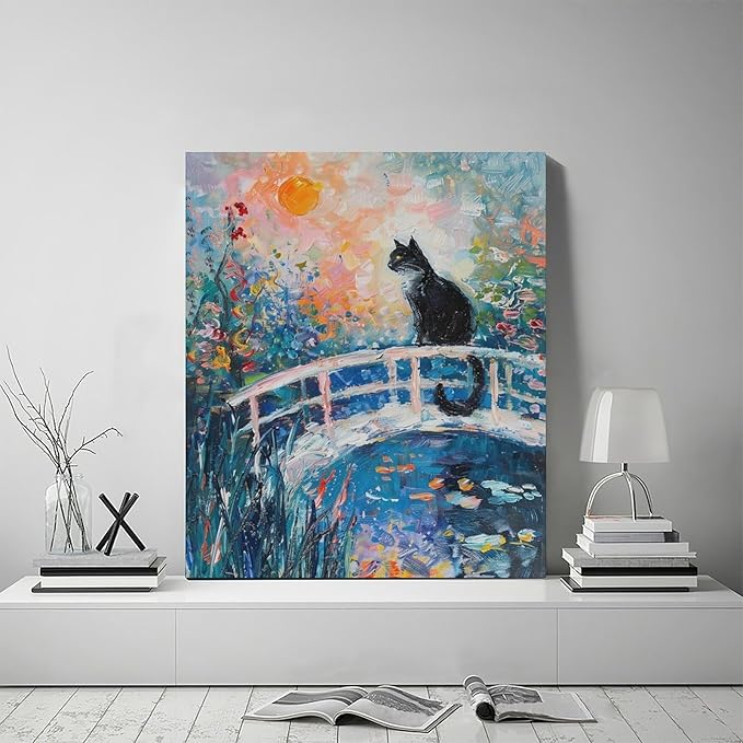 Quorin Black Cat Wall Art Water Lily Sunset Pictures Cat Wall Decor Impressionism Canvas Print Painting Artwork for Bathroom Living Room Bedroom 20"x24"