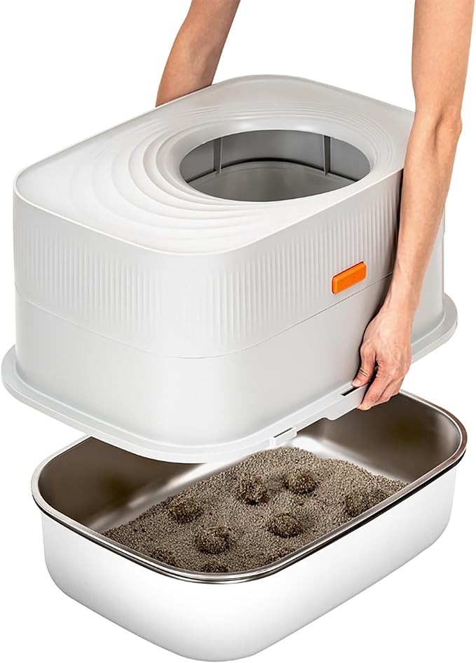 Stainless Steel Sifting Litter Box with Lid, Metal Litter Pan with Scoop for Big Cats Multi Cat, Extra Large Cats Litterbox Odor Control, Easy Clean (23*16.5*16.5inch-with Enclosure, X-Large)