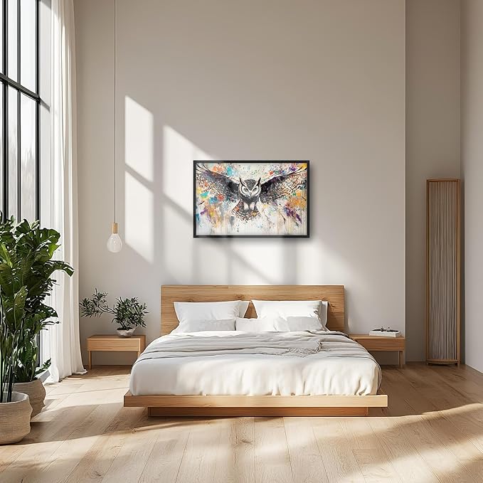 Large Owl Wall Art for Living Room, Framed Oversized Banksy Owl Wall Decor Colorful Wildlife Canvas Painting Animal Pictures Modern Artwork for Living Room Bathroom Bedroom Office Dining Room 36"x24"