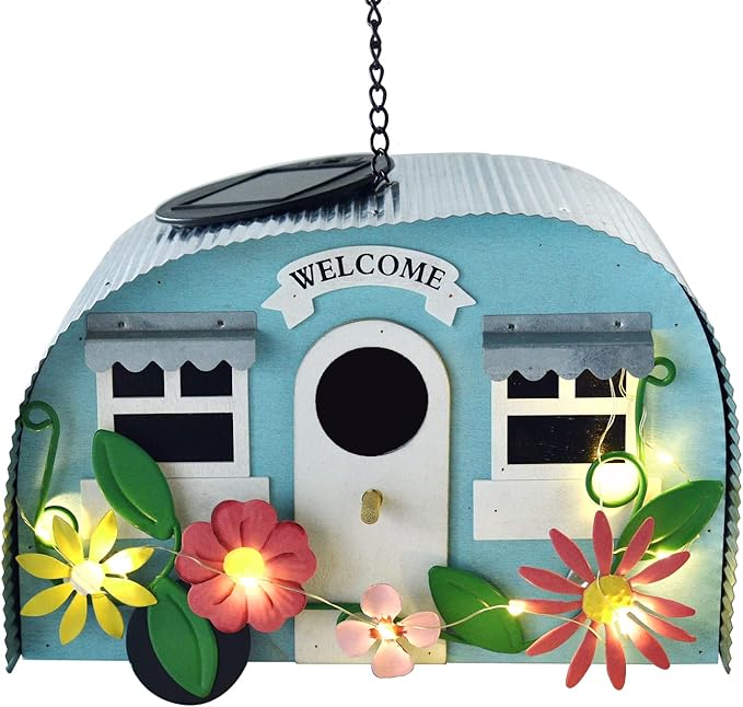 BAYN Bird Houses for Outside Decorative with 10 LEDs Solar String Lights Humming Bird Houses for Outside Hanging Handwork Bird Nest Garden Decor Outdoor