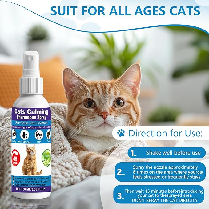 【𝐇𝐢𝐠𝐡𝐥𝐲 𝐄𝐟𝐟𝐞𝐜𝐭𝐢𝐯𝐞】Cat Calming Pheromone Spray for Stress & Anxiety Relief – Reduces Scratching, Urine Spraying, Hiding – Drug-Free & Vet Recommended – with F3 Facial Pheromone 6.76oz