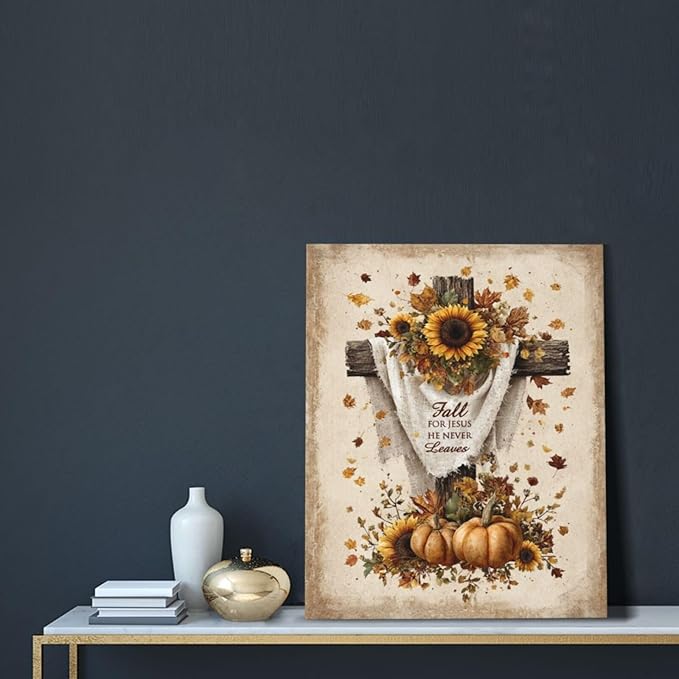 Christian Fall Wall Art Autumn Rustic Cross Sunflower Pumpkin Wall Decor Fall for Jesus He Never Leaves Pictures Painting Print Framed Artwork Decorations Gifts for Living Room Bedroom Prayer Room Office 16"x20"