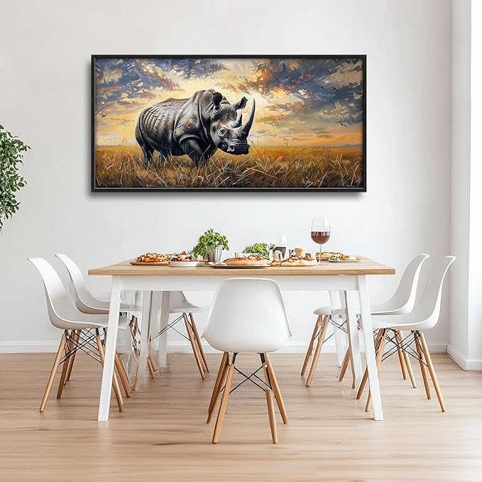Rhino Large Wall Art Rustic Cool Wild Animal Rhinoceros Pictures Sunset Field Landscape Wall Decor Canvas Print Painting Artwork for Bathroom Living Room Bedroom 60L" x 30W"