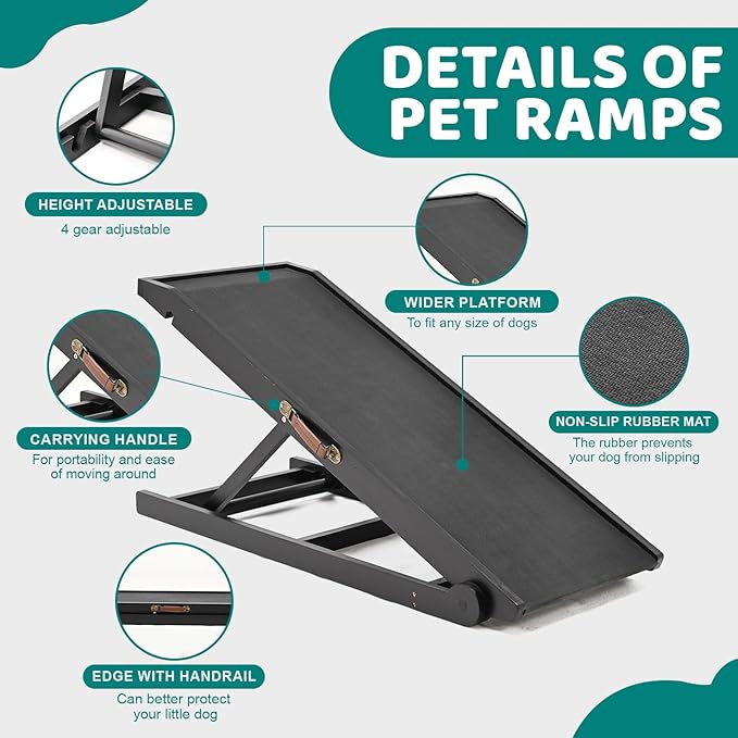 Dog Ramp for Bed, Adjustable Pet Ramps for Dog to Get on Bed, Non-Slip Rubber Surface - Folding Wooden Dog Ramp for Small/Large/Old Dogs, Adjustable up to 19.5 inch High Beds