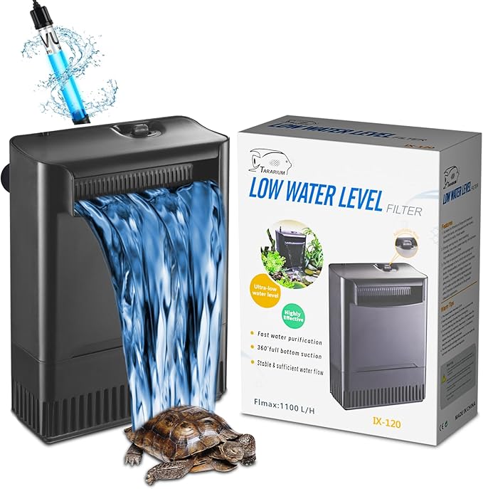 Turtle Tank Filter Aquarium Filter w/Detachable U-V Light for 30-75Gal, Waterfall Flow Adjustable Low Water Level Internal Green Clean Machine Killing Deodorization Saltwater Freshwater Crystal Clear