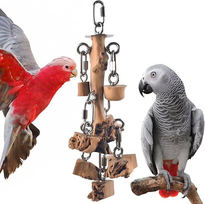 Bird Toys for Parrots, Durable Wooden Large Birds Toy with Stainless Steel, Hanging Natural Chew Hardwood Blocks for Macaws, African Greys, Amazon Parrot, Cockatoos and Small Medium Parakeets