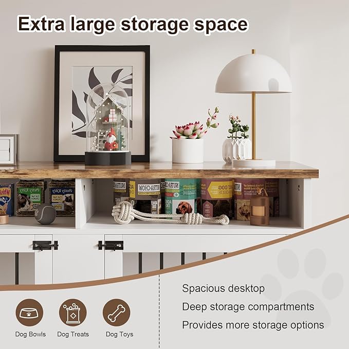 72'' Dog Crate Furniture for 2 Dogs, Wooden Dog Cage with Storage Compartment, Indoor Dog Kennel with 4 Doors for Large/Medium Dogs, White