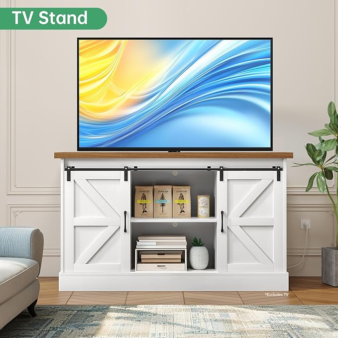 Fish Tank Stand Up to 75 Gallon, Aquarium Stand with Sliding Barn Doors & Power Outlet, White Farmhouse Style Stand with Cabinet Storage for Fish Tank, Turtle Tank, Reptile Terrarium,1000LBS Capacity