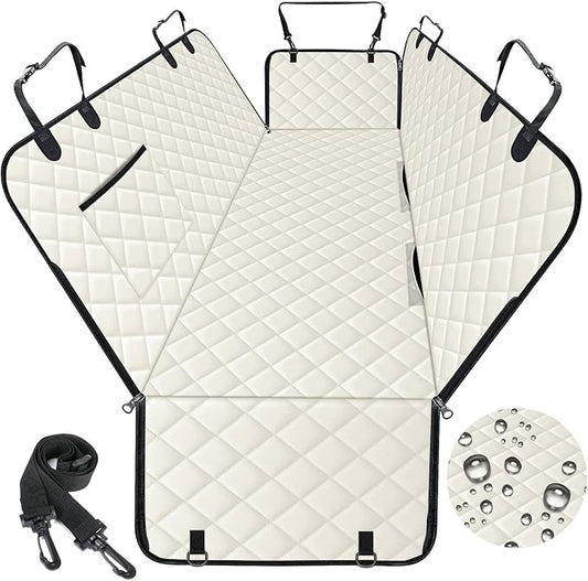 Dog Car Seat Cover, Durable Waterproof Scratch Proof Nonslip Dog Hammock, Pet Back Seat Covers with Pocket for Cars SUVs and Trucks - L, Beige/Black