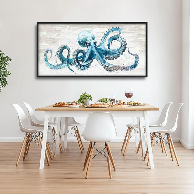 Octopus Large Wall Art Ocean Sea Nautical Pictures Rustic Blue Octopus Animal Wall Decor Canvas Print Painting Artwork for Bathroom Living Room Bedroom 60L" x 30W"