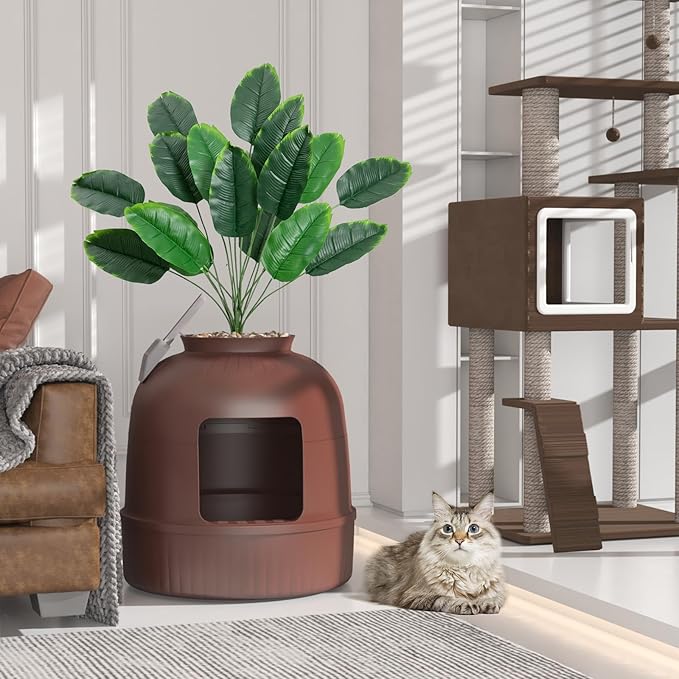 Lifewit Litter Box with Faux Plant & Scoop for Large Cat, Hidden Corner Enclosure Litter Tray with Odor Control & Carbon Filter in Living Room/Bedroom/Bathroom, Brown