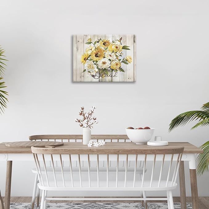 Sunflower Bathroom Pictures Wall Art, Simple Blessed Floral Bathroom Wall Decor, Flower Framed Painting Canvas Artwork for Bedroom Living Room Decorations 16"L x 12"W