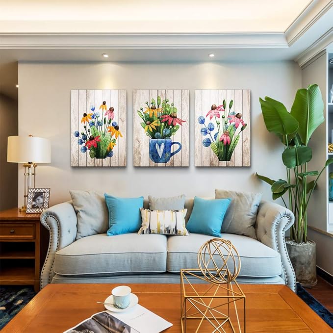 Canvas Wall Art For Kitchen Wall Decoration For Living Room Wall Decor For Bedroom Room Decor Vintage Wood Grain Plant Flowers Wall Painting Office Wall Pictures Artwork Home Decor 16" X 24" 3 Piece