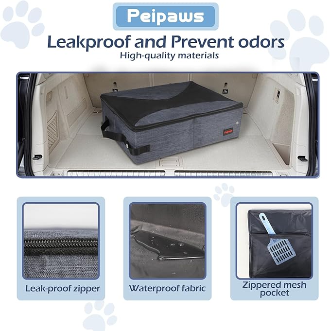 Portable Cat Travel Litter Box. Zipped Lid, Collapsible Litter Box for Cats. No Leakage, No Smell. Easy to Carry. Used for Hotels, Camping, Car(Gray,L)