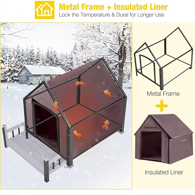 Aivituvin Dog House Outdoor with Metal Frame, Insulated Dog Kennel Outside for Small to Medium Breed, 45" Weatherproof Large Dog Shelter with Anti-Chewing Iron Frame, Grey (45" D x 32.9" W x 32.6" H)