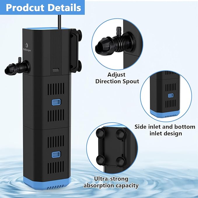 Aquarium Filter for 40-170 Gallon Tank，265GPH Fish Tank Filter 16W Green Clean Machine Submersible Pump Filter for Green Water and Algae Clean,Submersible Internal Filter for Saltwater Freshwater