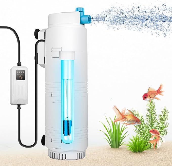 Aquarium U-V Filter with Programmable Timer for 40–160 Gallon Fish Turtle Tanks, Internal Submersible Power Filter with Bio Sponge, Adjustable Flow & Aeration for Freshwater Saltwater