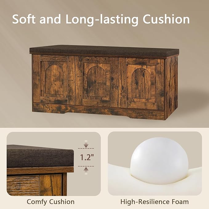 DINZI LVJ Shoe Bench, Entryway Storage Bench with Doors, Cushion, 2-Tier Shoe Rack with 6-Cubby, 39.4”L x 13.8”W Shoe Organizer Cabinet, Adjustable Shelf, Living Room, Bedroom, Rustic Brown