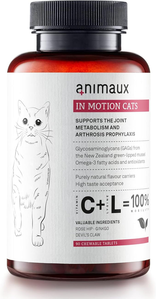 animaux - in Motion Cats, Green-lipped Mussel, Devil's Claw, Rose Hip & Ginkgo, Support for Bones, Joints, Cartilage, tendons, with Hyaluron, Collagen, 90 chewable Tablets, 90 Days Supply