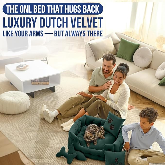 Luxury Cat and Dog Bed Chesterfield – Handcrafted Velvet Throne for Dogs | Joint Support, Calming & Temp-Regulating Comfort | Durable 5+ Years, Anti-Claw, Washable 100+ Times – S, Green