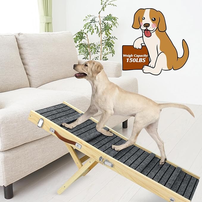 TNELTUEB Large Dog Ramp, 47.2" Long and 15.8" Wide Wooden Folding Portable Pet Ramp, Adjustable from 11.8" to 29.5" with Non-Slip Traction Mat, Dog Ramps for Car, Bed, Couch, Rated for 150 LBS