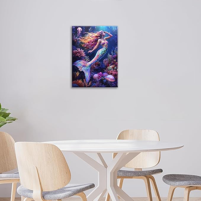 Sea Mermaid Bathroom Pictures Wall Art, Ocean Mermaid Bathroom Wall Decor, Aesthetics Framed Painting Canvas Artwork for Bedroom Living Room Decorations 16"L x 12"W