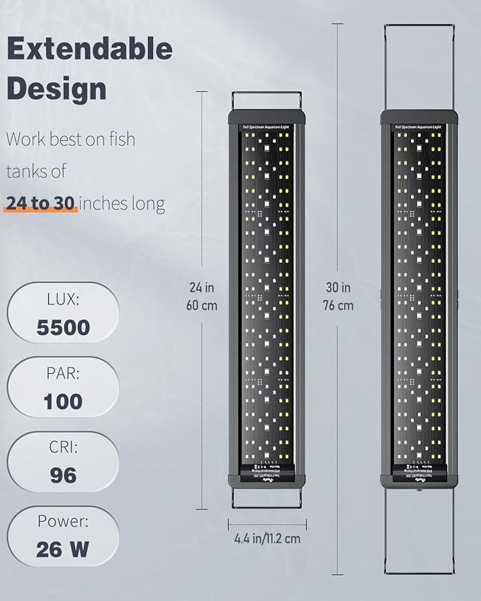 Pawfly 26 W Aquarium LED Light for 24" to 30" Tanks 24/7 Extendable Fish Tank Lights with Full Spectrum IP68 Waterproof Lights with D/N Mode Single Color Effects Timer and Adjustable Brightness