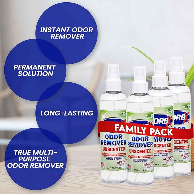 ZORBX Unscented Odor Eliminator for Strong Odor 7.5 Fl Oz, Pack of 4 - Used in Hospitals & Healthcare Facilities - Advanced Formula, Fast-Acting Odor Remover Spray for Dog, Cat, House & Carpet