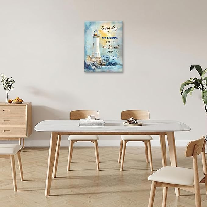 Ocean Lighthouse Pictures Wall Art, Coastal Nautical Bathroom Wall Decor Every Day is a New Beginning Motivational Quote Framed Painting Canvas Artwork for Bedroom Living Room Decorations 16"L x 12"W