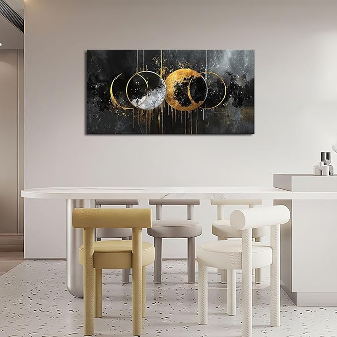 Quorin Abstract Sun Moon Large Wall Art Black and Gold Circle Pictures Sun and Moon Wall Decor Canvas Print Painting Artwork for Bathroom Living Room Bedroom 30"x60"