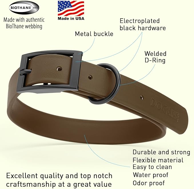 Dogline Biothane Waterproof Dog Collar Strong Coated Nylon Webbing with Black Hardware Odor- Proof for Easy Care Easy to Clean High Performance Fits Small Medium or Large Dogs, Dark Chocolate Brown