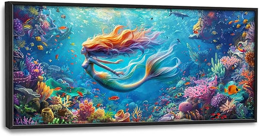 Quorin Mermaid Large Wall Art Sea Ocean Mermaid Pictures Colorful Undersea Wall Decor Canvas Print Painting Artwork for Bathroom Living Room Bedroom 60L x 30W