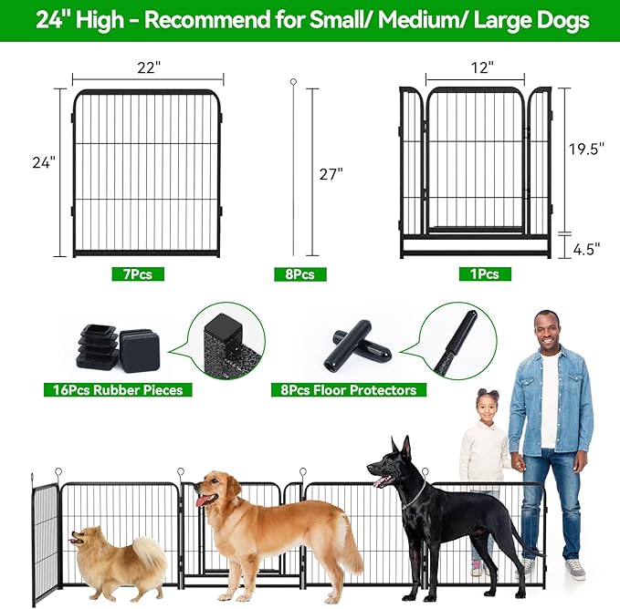 Puppy Playpen 8 Panels Small Dog Fence Outdoor Indoor Use 24" Height Anti-Rust with Doors Portable Dog Play Pen for RV Camping Yard, Total 17FT, 25 Sq.ft, Snowy Black