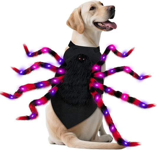 Dog Halloween Costume Large Breed, Furry Dog Spider Costume with 64 LED, Funny Halloween Dogs Costumes for Large Dogs Medium Pet Halloween Party Cosplay (Red)